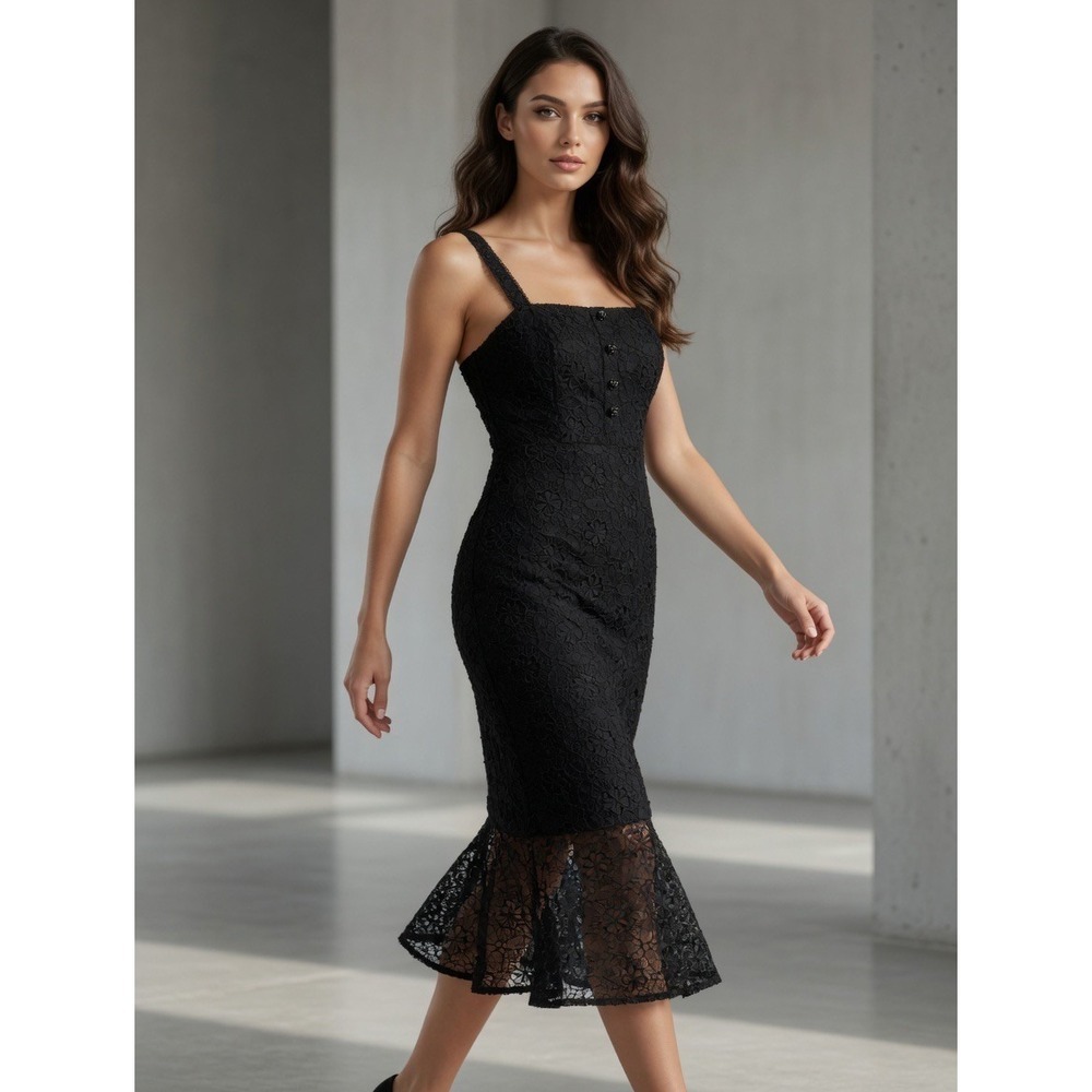 Ever New Melbourne Black Floral Lace Mermaid Midi Dress Square Neck NWT Size 4